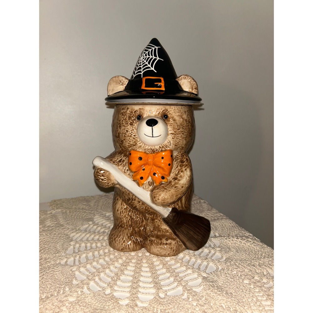 Halloween Witch Bear Ceramic Cookie Jar Brown Orange Black Spiderweb Broom
